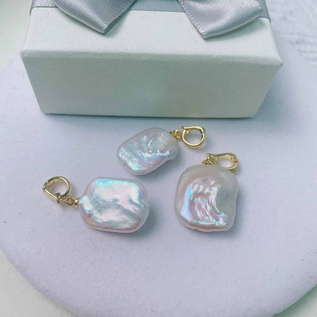 天然淡水珍珠B02#白色方巴万能扣吊坠通孔14-15m