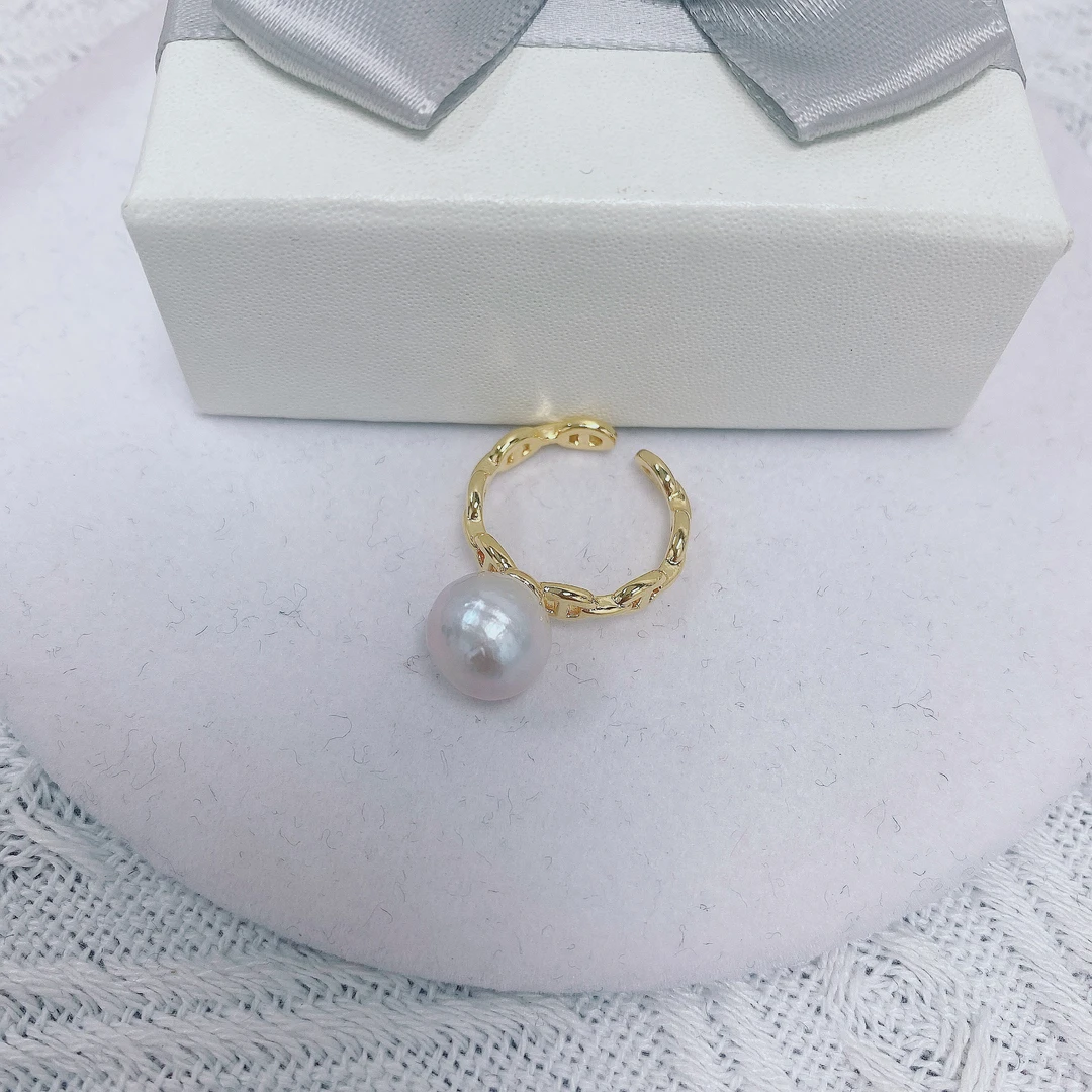 天然淡水珍珠6007金色猪鼻子戒指白珠10-11m可调节戒指
