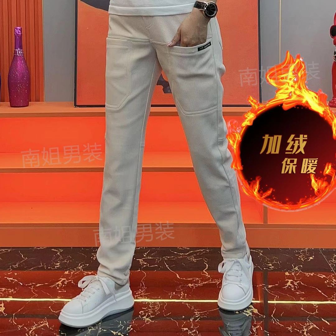 2024秋季新款男士时尚休闲中高腰灯芯绒加绒多色修身小脚裤AD688