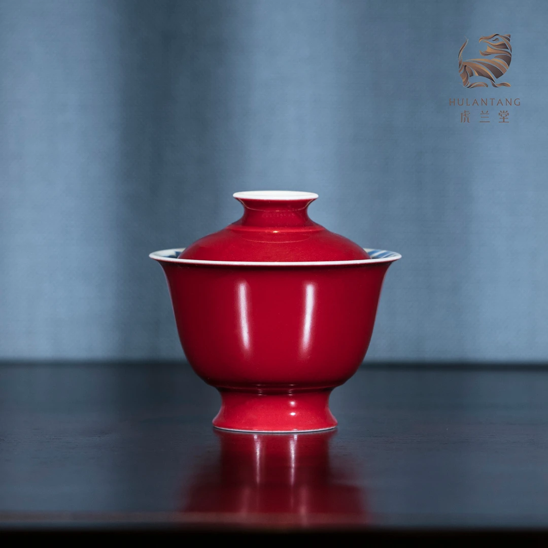 虎兰仙甄选中式瓷器蝶恋花青花红釉盖碗手工拉坯手绘110CC纯手工