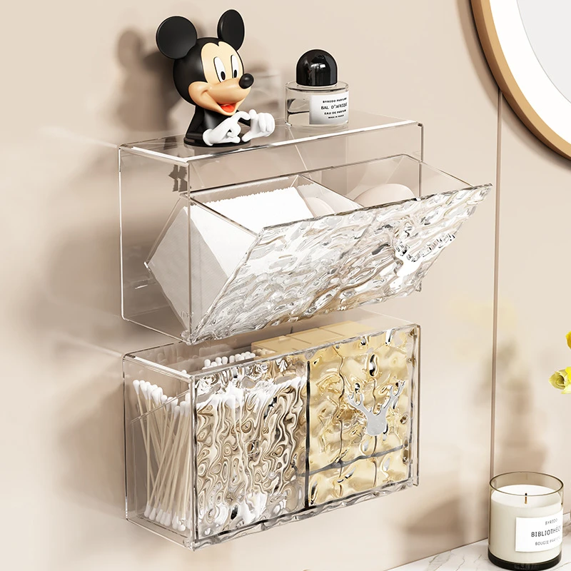 壁挂式水波纹化妆棉收纳盒透明分格整理浴室卸妆棉发饰牙线收纳筐