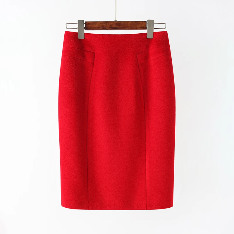 红色毛呢半身裙秋冬新款高腰显瘦一步裙小个子气质包臀裙中长裙子