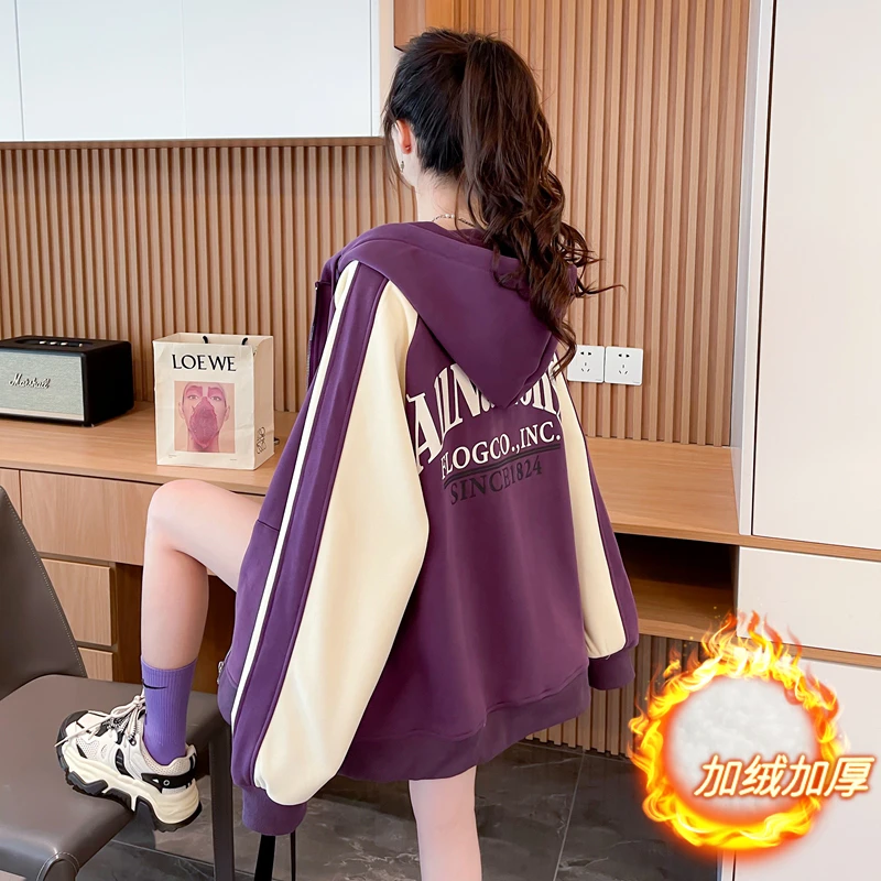 纯棉小个子遮屁股撞色连帽卫衣外套女秋冬独特别致漂亮加绒厚上衣