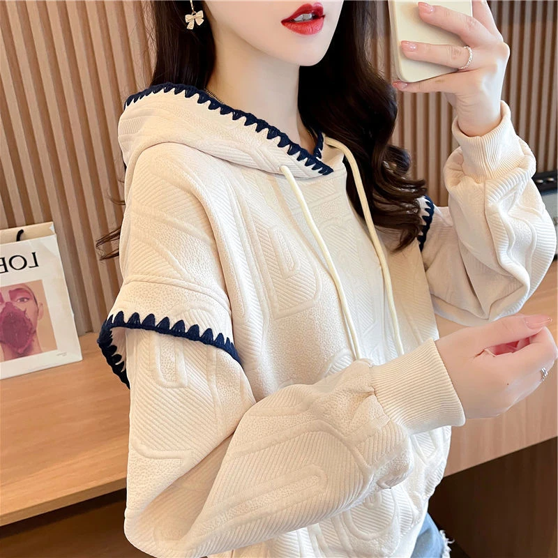 初春连帽卫衣女2025新款春秋季韩版宽松薄款小个子美式撞色外套