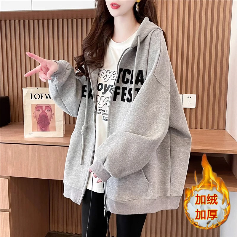韩版宽松加绒加厚外套女连帽开衫春秋冬新爆薄款初高中大学生外衣