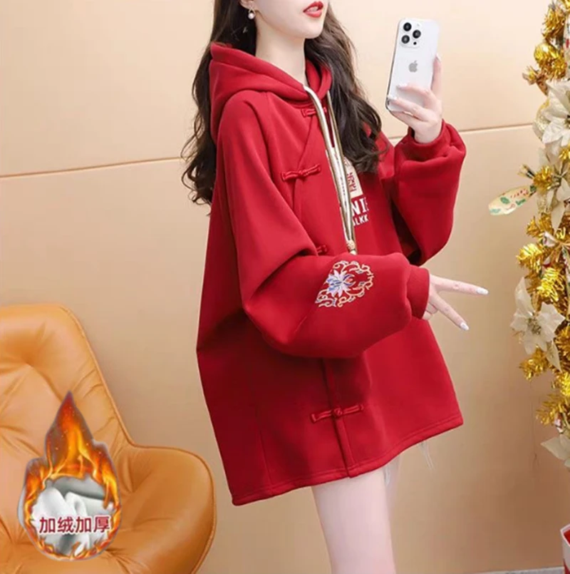 本命蛇年红色加绒加厚连帽卫衣女秋冬季新款韩版宽松纯棉国潮上衣