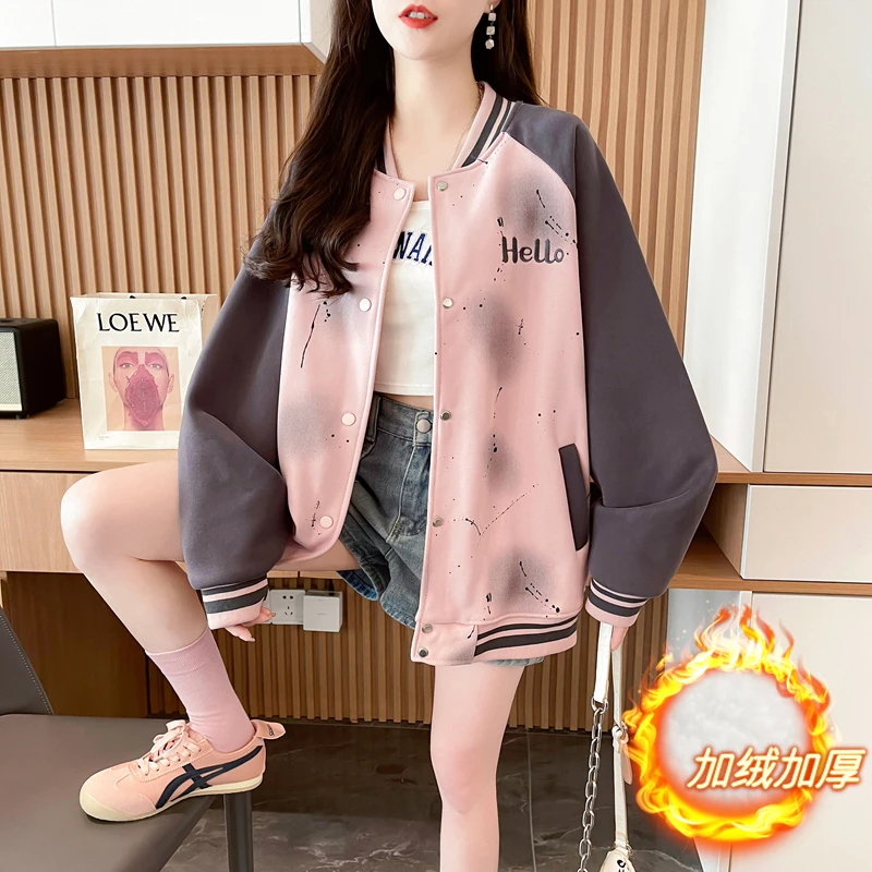 纯棉银狐绒保暖棒球服外套女秋冬新款韩版宽松百搭加绒加厚上衣潮