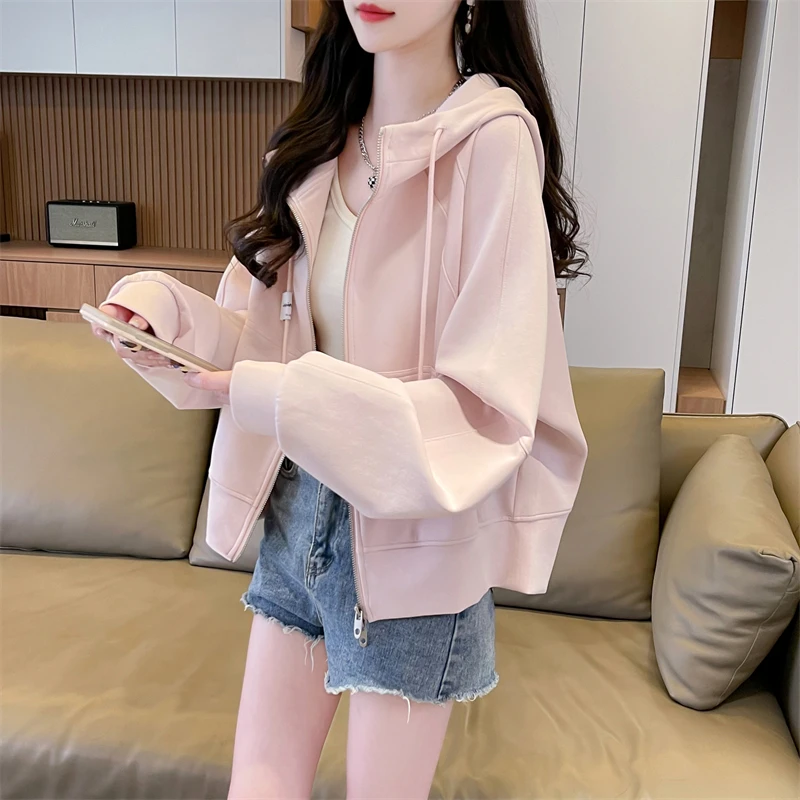 设计感小众双头拉链卫衣女春秋新款韩版宽松小个子薄款连帽短外套