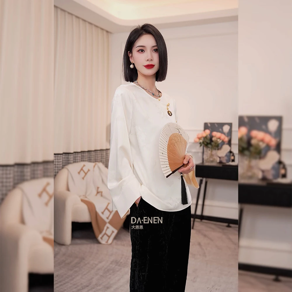 仫赐【漫天星】新中式提花圆领衬衫女2024春国风复古斜襟上衣F9057