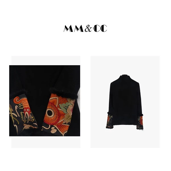 【海棠】新中式国风刺绣半高领打底衫女冬水貂毛拼接黑色上衣E6835