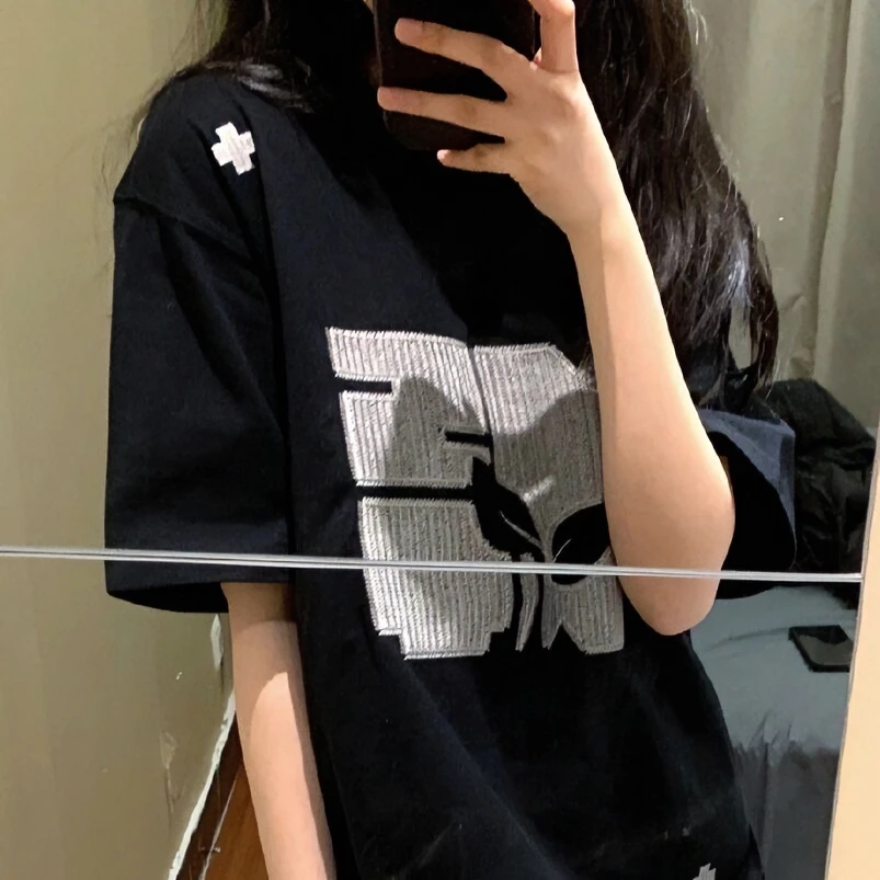 黑色纯棉短袖t恤女夏季2024新款森系穿搭设计感小众温柔韩系上衣