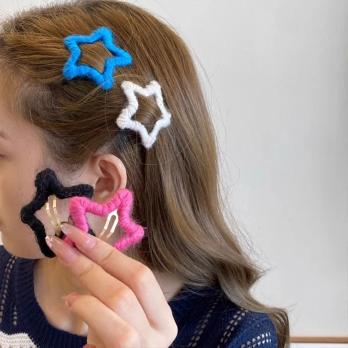 ins风毛线五角星星发夹高颜值碎发手工夹头饰秋冬美拉德简约发饰
