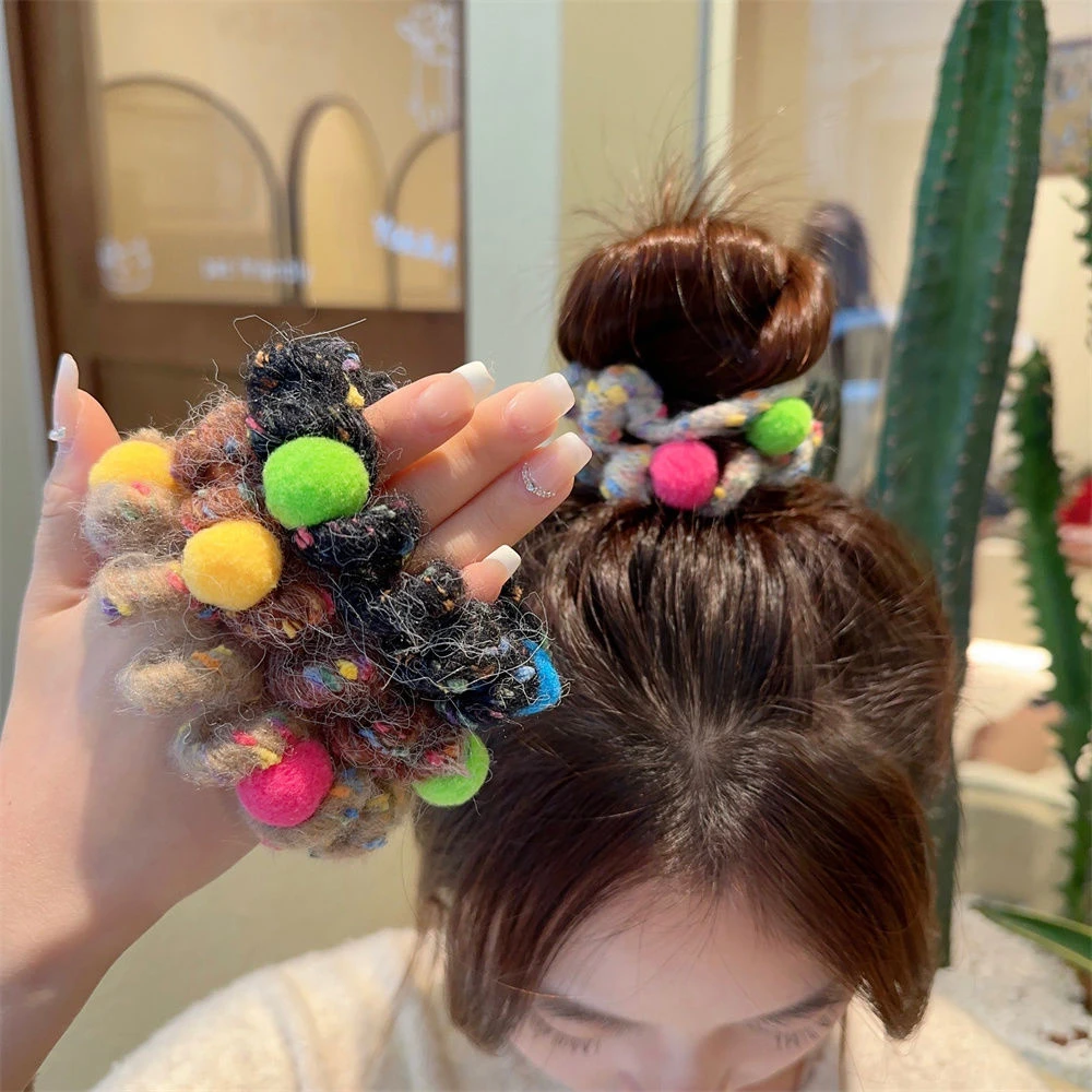 简约彩色彩球毛绒电话线发圈女高弹力耐用皮筋女扎头发绳头饰无痕