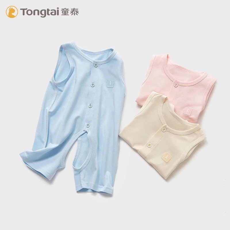 童T泰夏装婴儿背心哈衣男女宝宝无袖连体衣服新生儿开裆爬服外出
