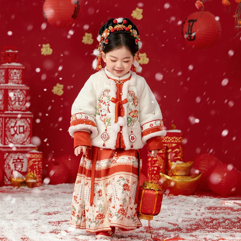 女童汉服冬季新款年服套装加厚保暖两件套国风刺绣儿童古风汉服