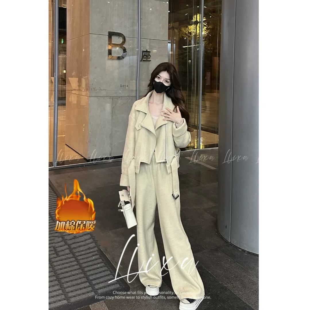 小个子毛呢棉服内胆短外套女显瘦阔腿裤腰带三件套