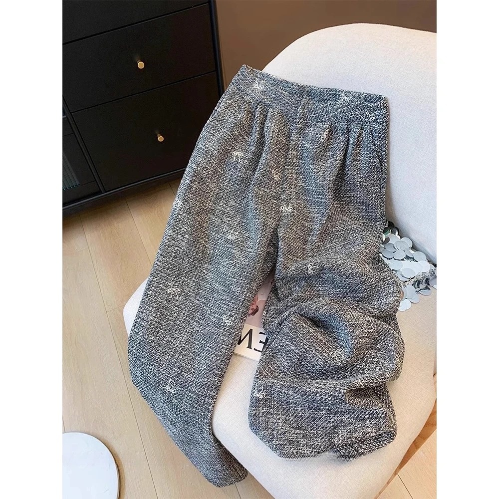 小香风阔腿裤女2024新款秋季蝴蝶结刺绣高级感垂感慵懒风休闲裤子