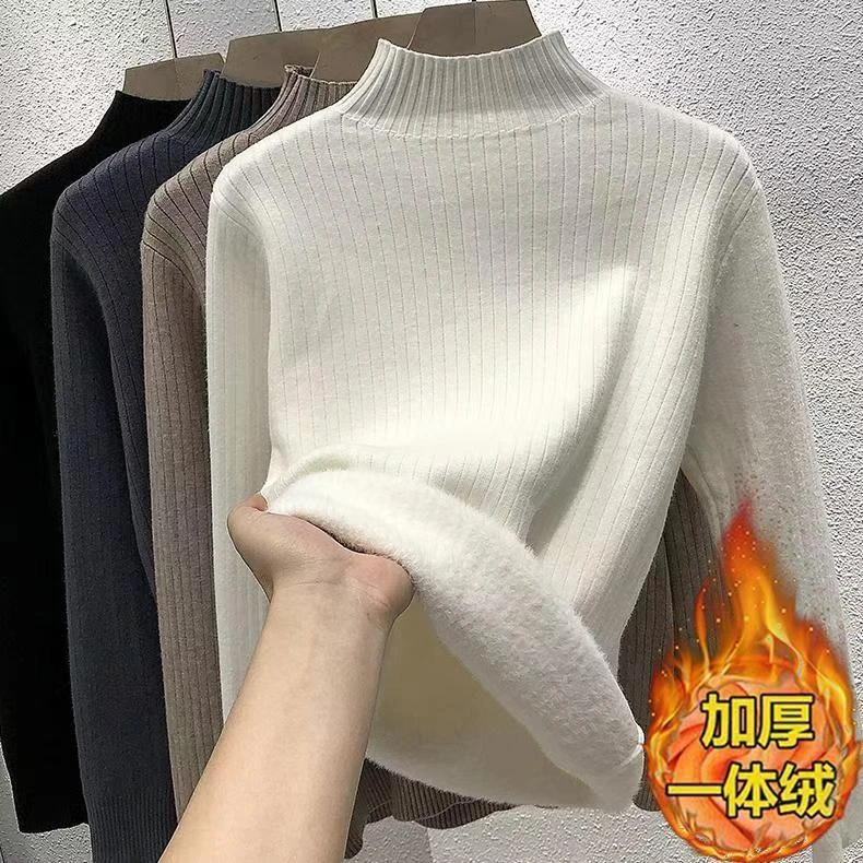 Z【一体绒】2024秋冬新款半高领针织打底衫时尚套头毛衣修身上衣