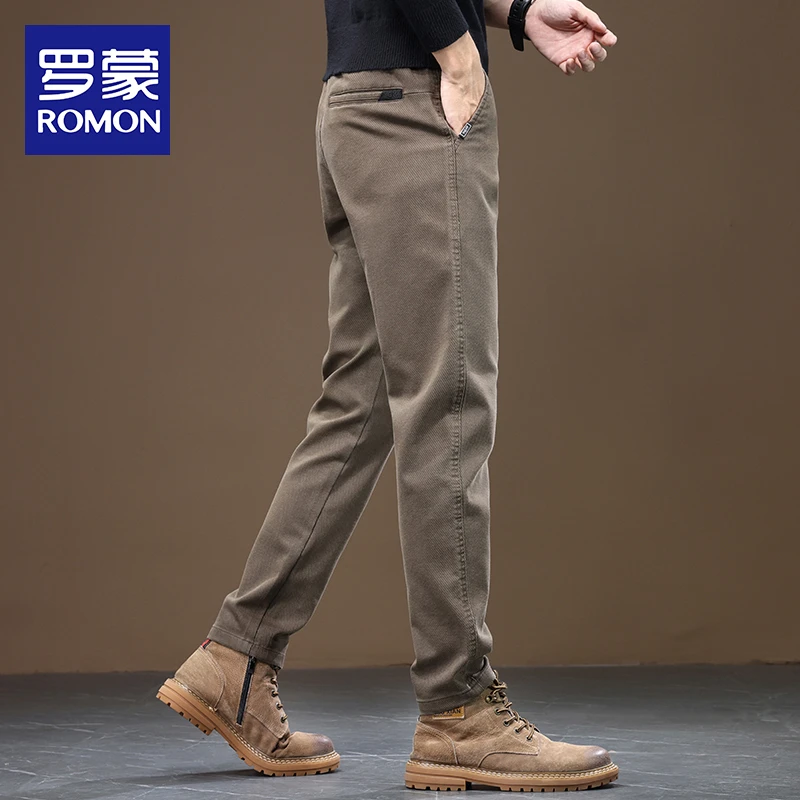 罗蒙男士休闲裤男秋冬新款直筒修身长裤潮牌高档男装加绒百搭男裤