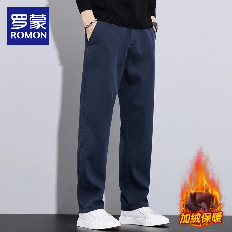 罗蒙秋冬加绒休闲裤男宽松直筒加厚长裤男士2025新款潮牌阔腿裤子
