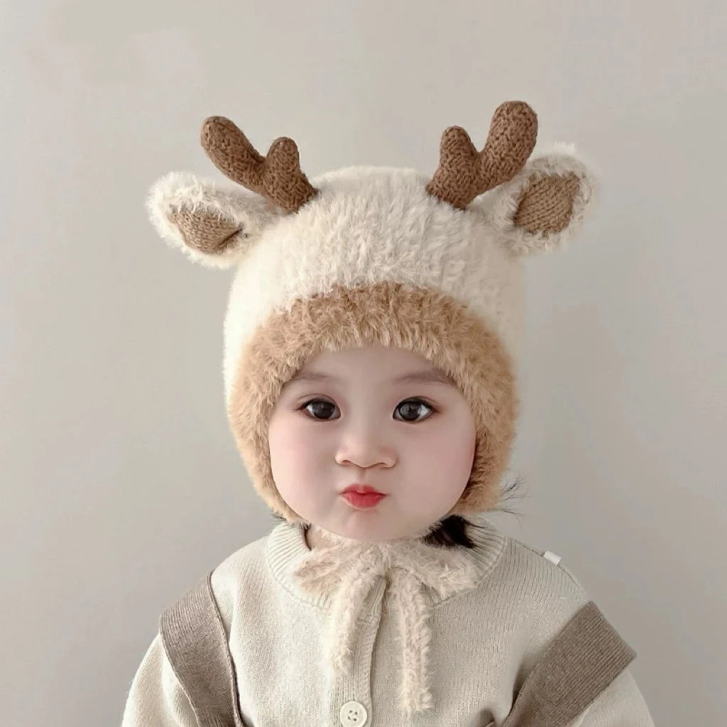 宝宝秋冬毛线帽婴幼儿加厚保暖帽男童可爱毛球护耳帽女婴针织套头