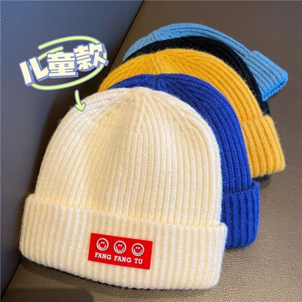 儿童纯色贴标针织帽韩版网红百搭保暖冬季毛线帽秋冬日系学生帽子
