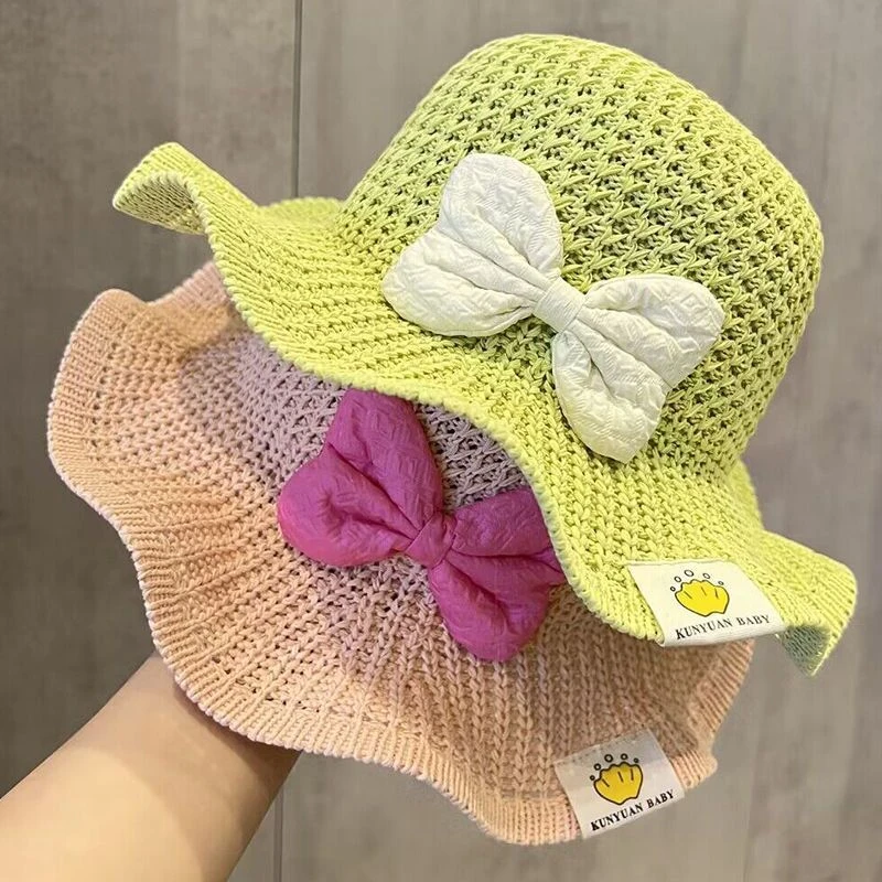 女童甜美纸草渔夫帽夏季透气大檐草帽1-3岁婴幼儿沙滩公主帽防晒2