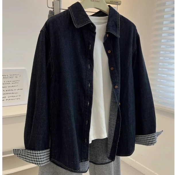 日系复古深蓝色翻领长袖牛仔衬衫女宽松2025秋季薄外套上衣学生潮