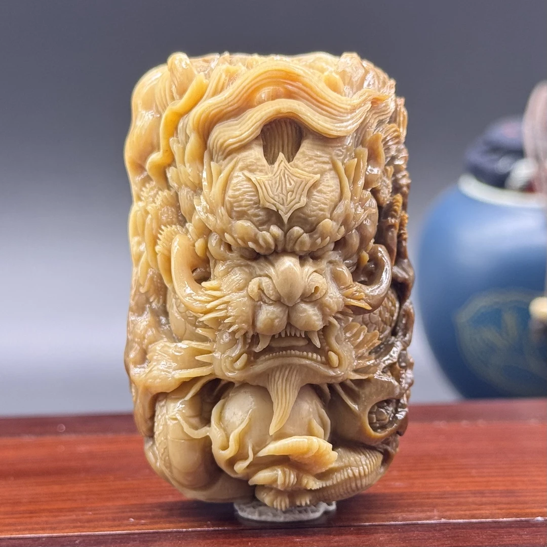 上古冰川猛犸象牙龙牌渐变咖料大师精工摆件牌子吊坠收藏工艺品