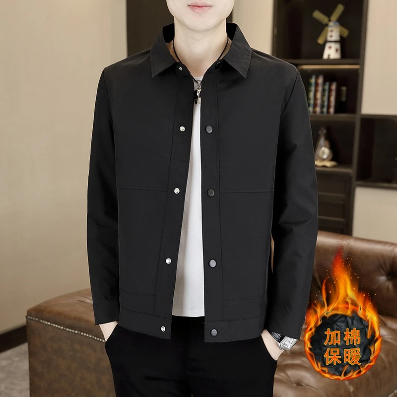 2024秋冬加棉外套男装简约行政翻领夹克百搭潮流加厚衬衫领夹克潮
