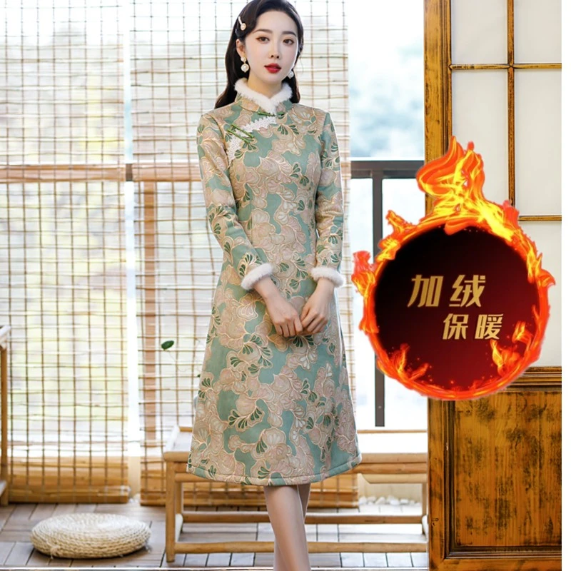 加绒加厚鹿皮绒旗袍 中国风旗袍显瘦显气质显年轻花好月圆he.