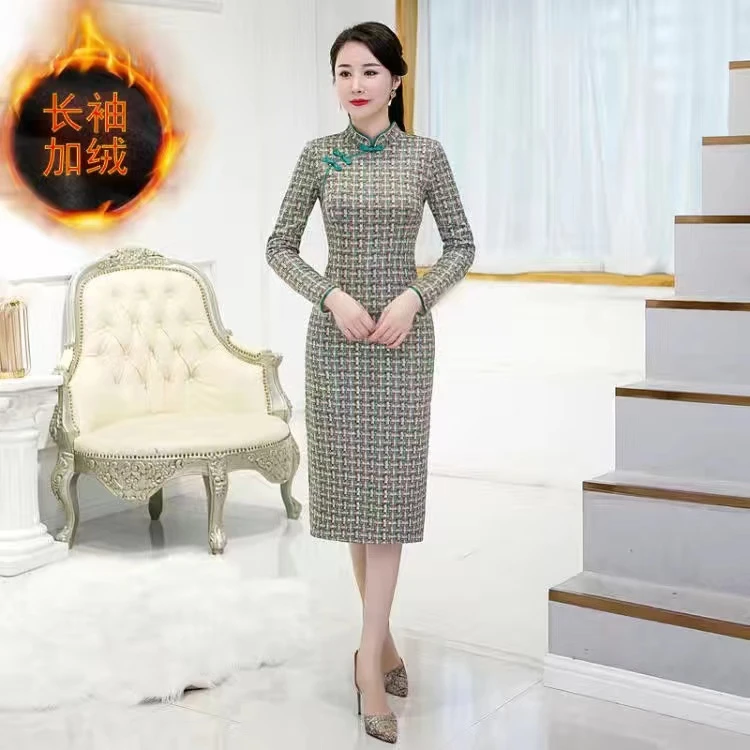 加绒加厚 中长款改良旗袍连衣裙 鹿皮绒  显身材显气质显年轻