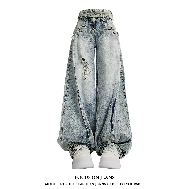 美式复古灯笼裤破洞牛仔裤女夏季辣妹高街设计感宽松垂感阔腿裤子