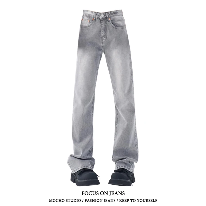 美式复古水泥灰高腰牛仔裤女春秋款辣妹高街设计感显瘦窄版直筒裤