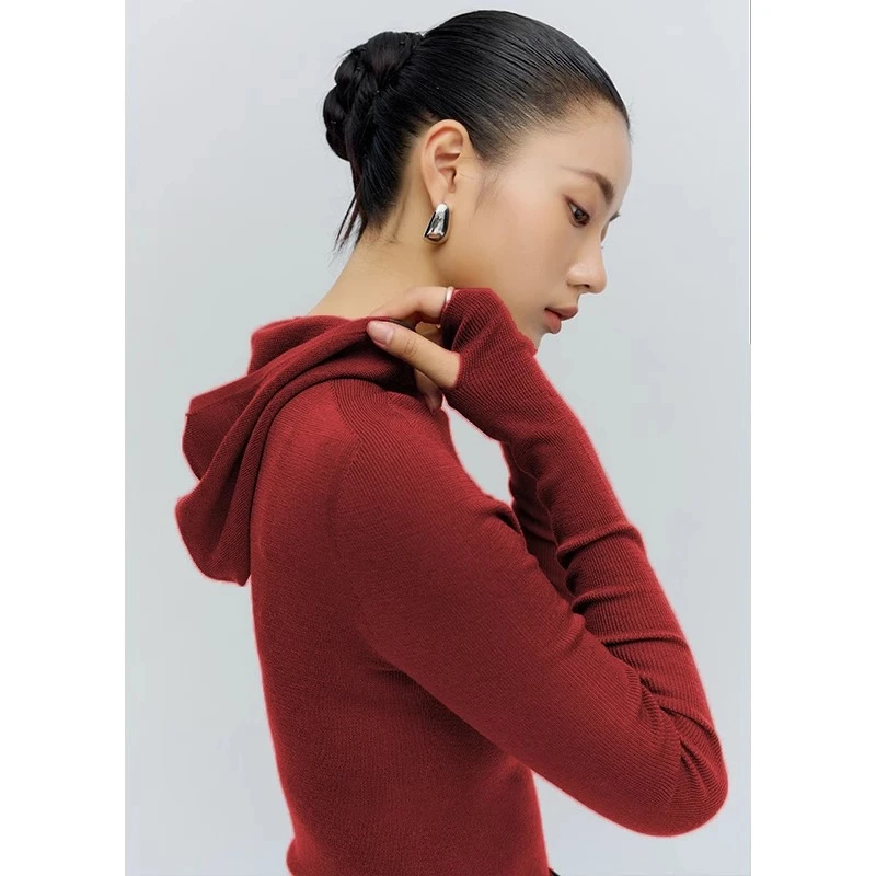 品质新年新款连帽针织打底衫女秋冬过年内搭上衣修身帽衫毛衣纯色