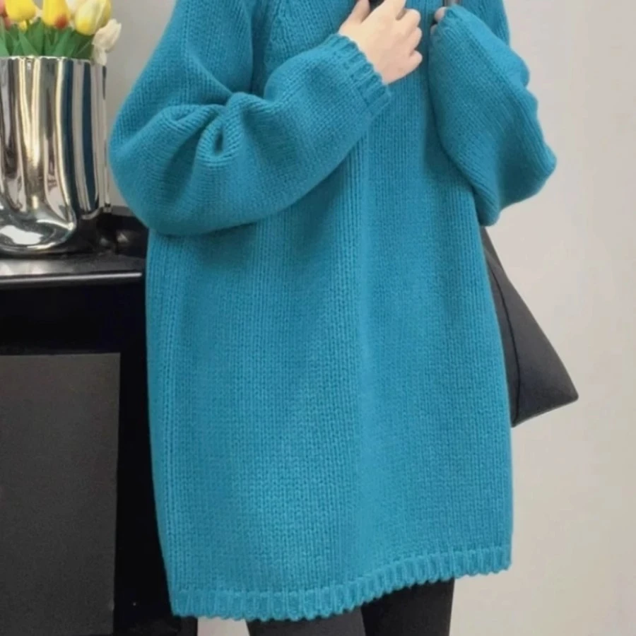 设计感中长款湖蓝色套头毛衣女秋冬慵懒风加厚宽松圆领针织衫上衣
