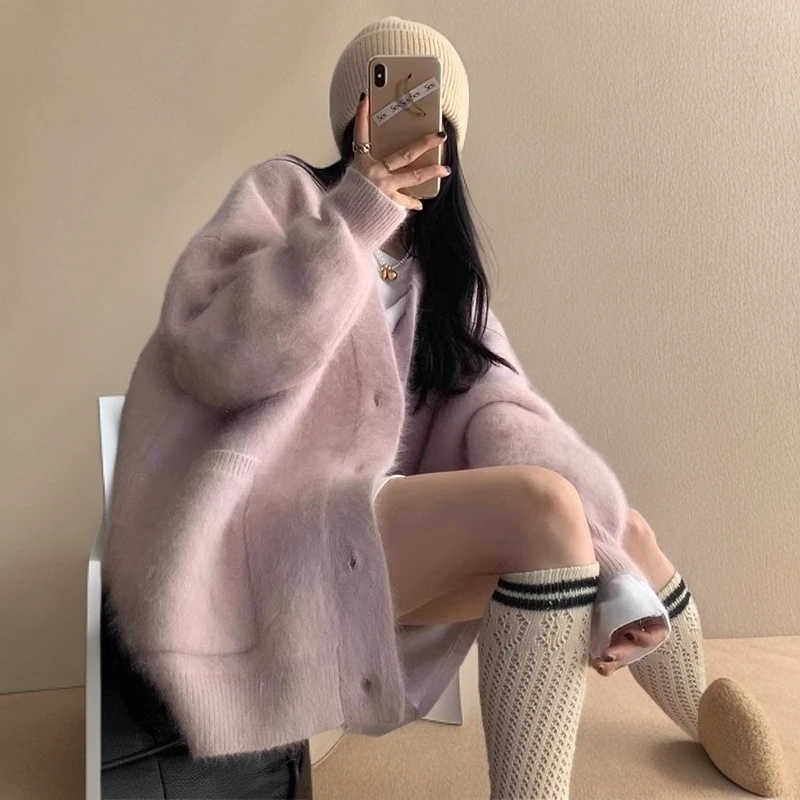 新款温柔软糯中长款开衫毛衣女外套秋冬气质宽松慵懒风v领针织衫