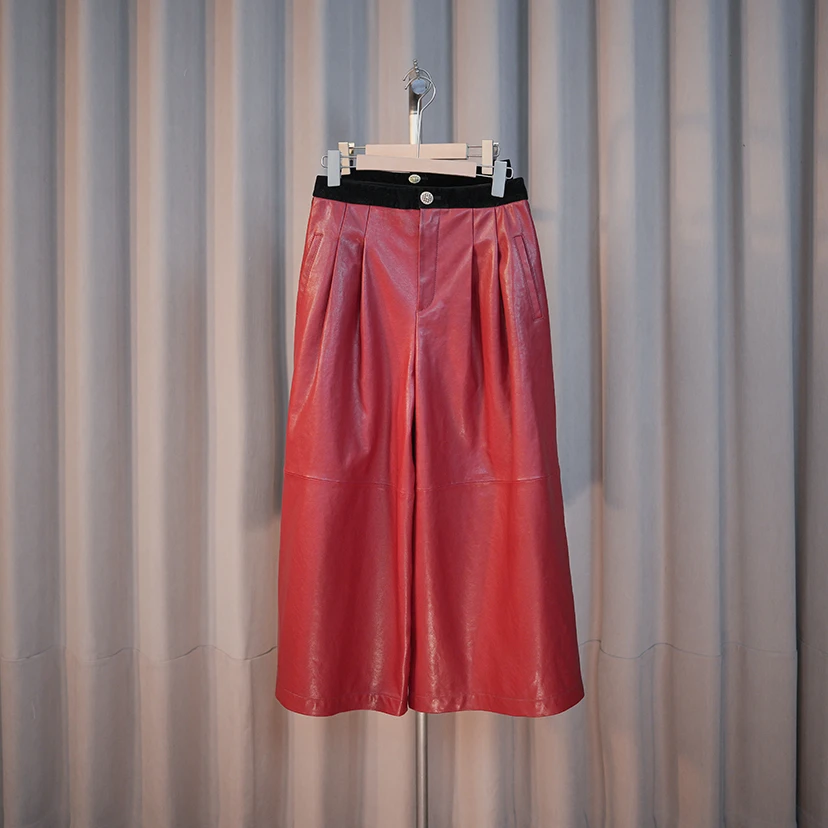 K2368裙裤真皮裙裤时尚休闲宽松百搭网红高腰红色