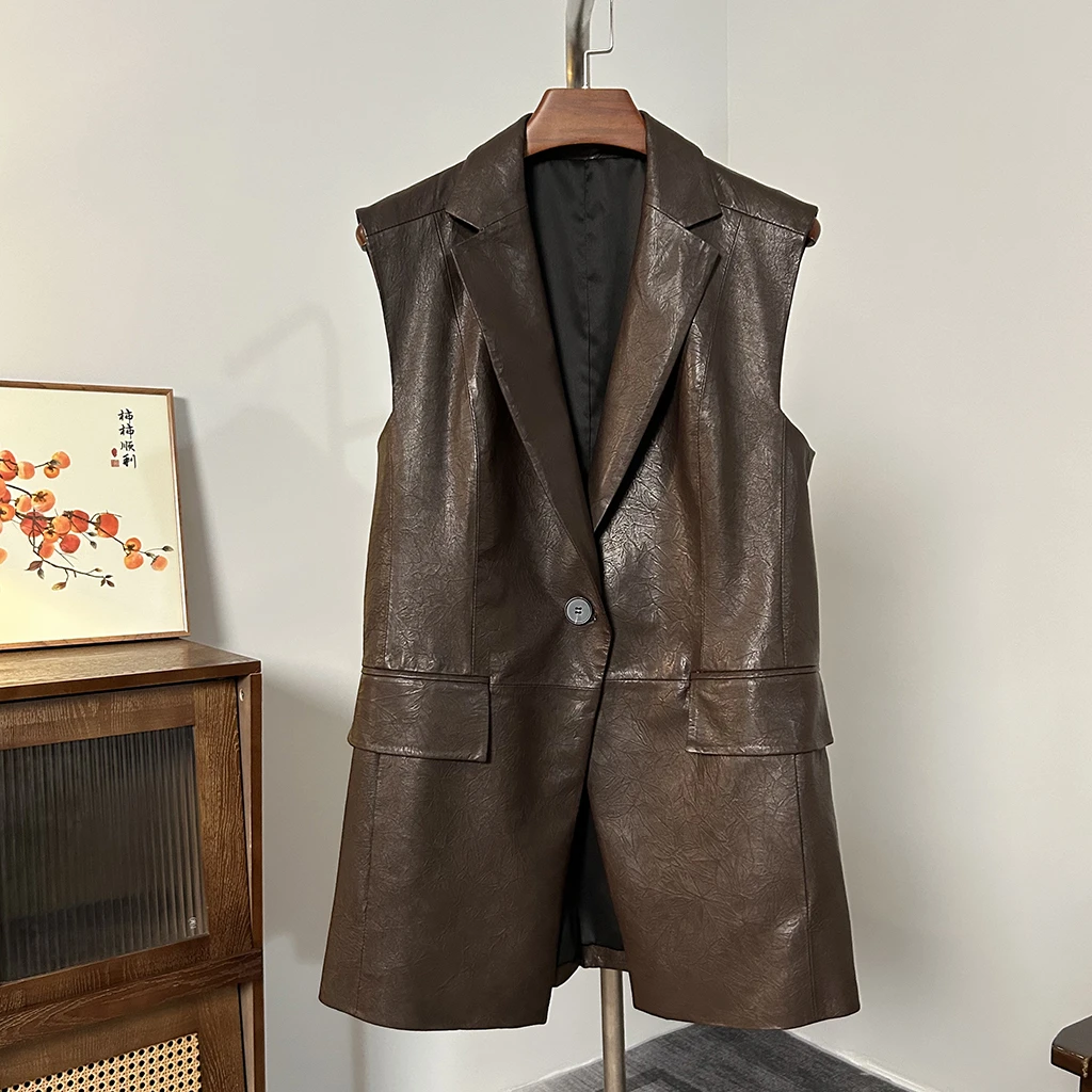 无涂层绵羊皮西装马甲时尚休闲百搭女士无袖宽松气质