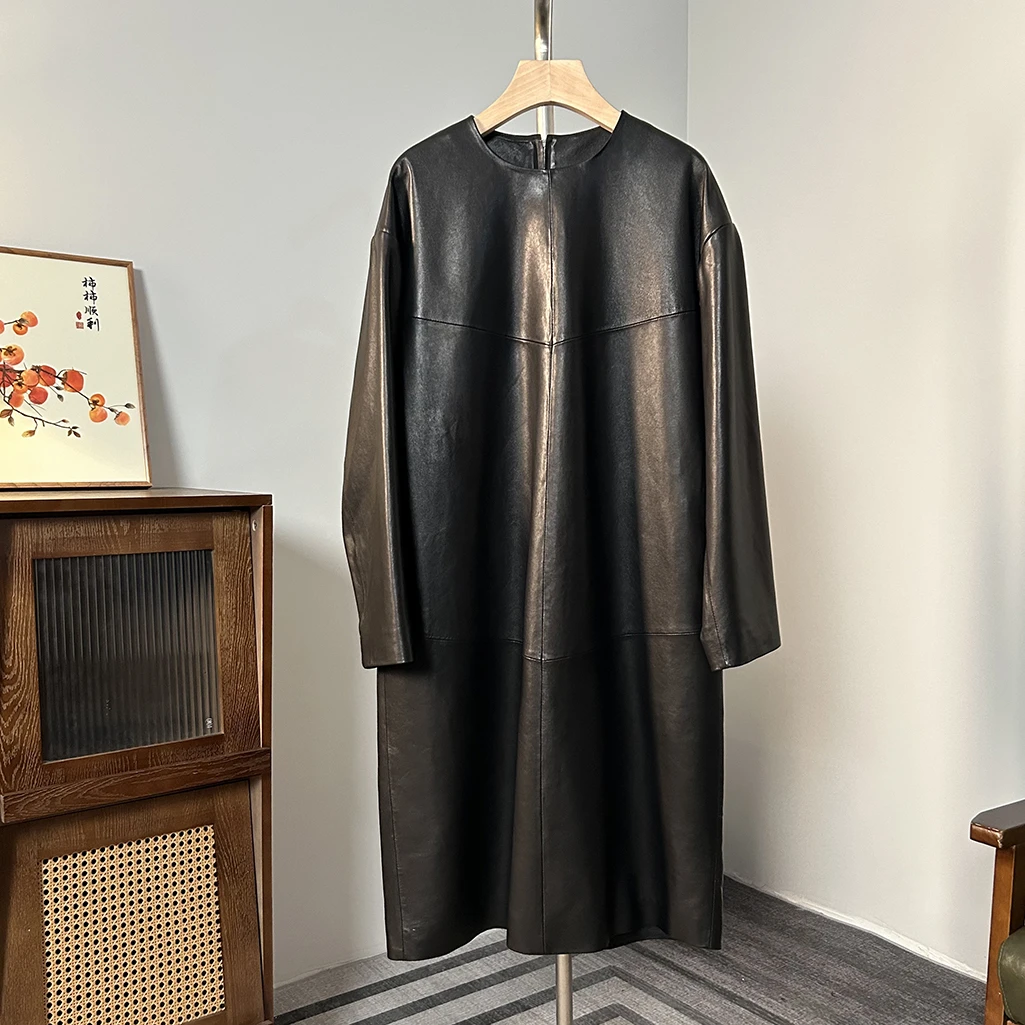 精心定制款头层真皮连衣裙半植鞣工艺气质时尚宽松中长款
