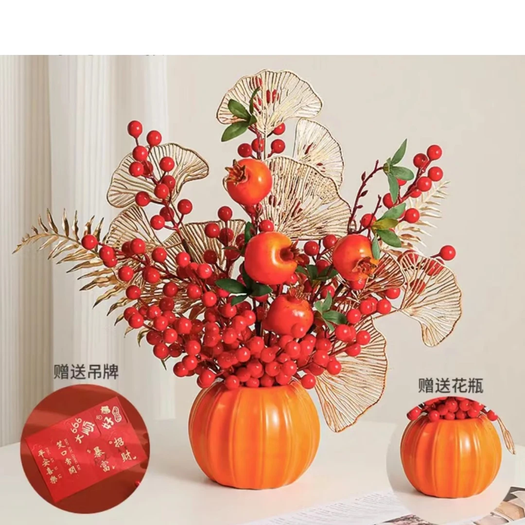 轻奢仿真石榴红浆果石榴高档电视柜创意新中式花艺套餐