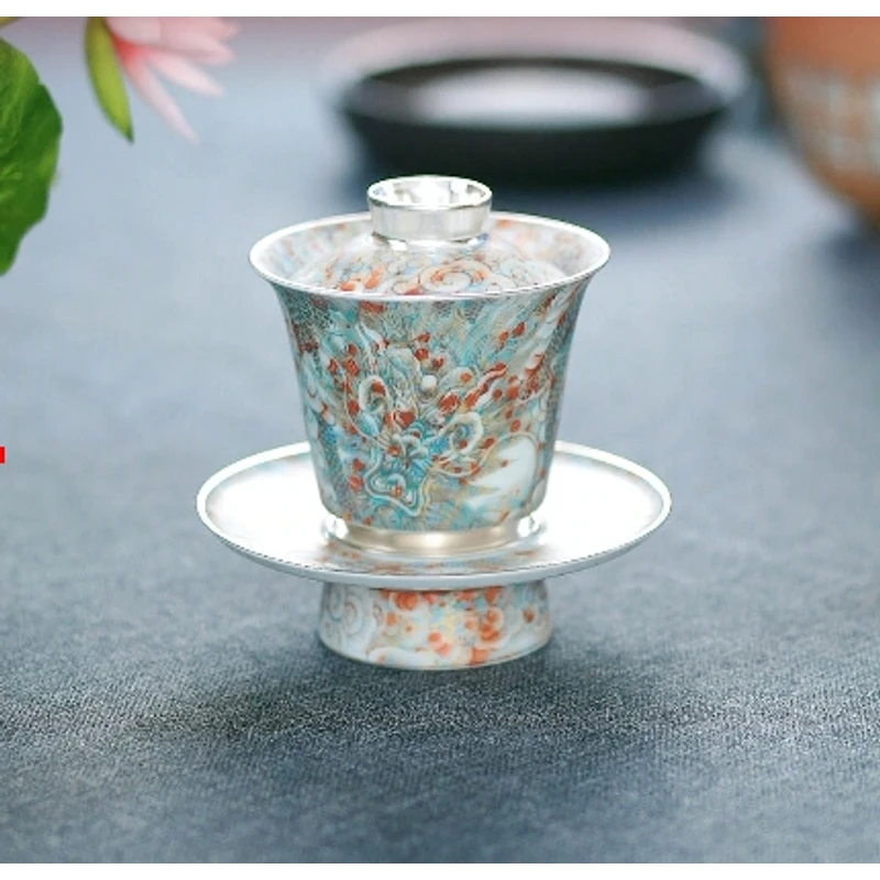 【非遗茶空间】何赋生彩金手绘龙纹三才盖碗DC-535 中式茶具茶器