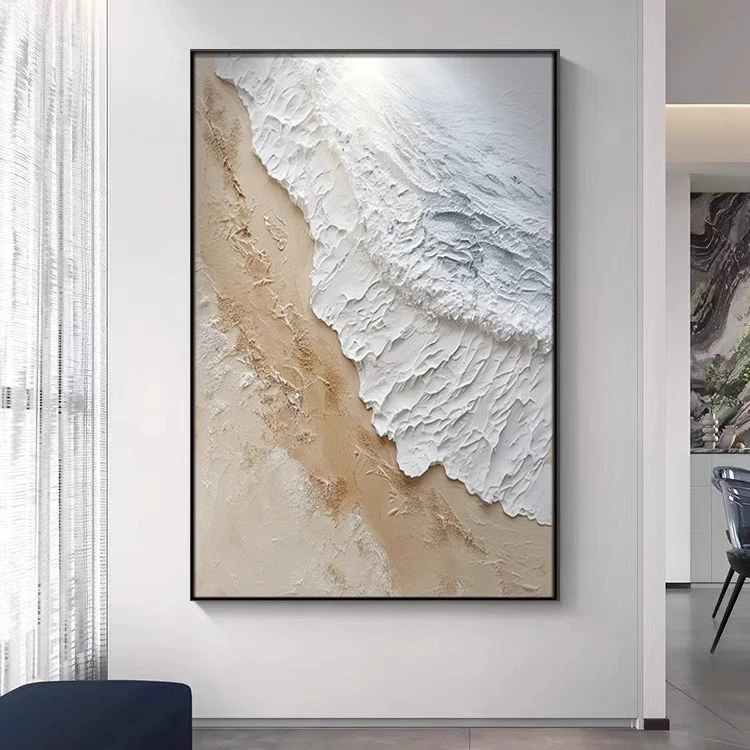 纯手绘油画海浪奶油风肌理感挂画抽象客厅玄关装饰画沙发背景壁画