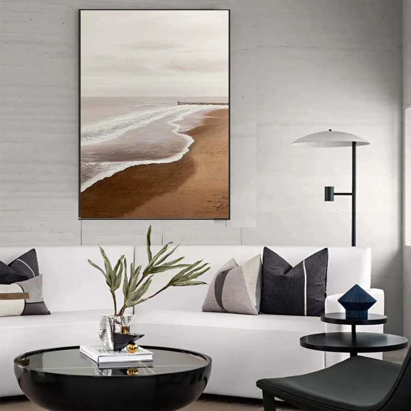 纯手绘手工油画《海岸线》大气高级感海景沙滩客厅玄关免打孔挂画