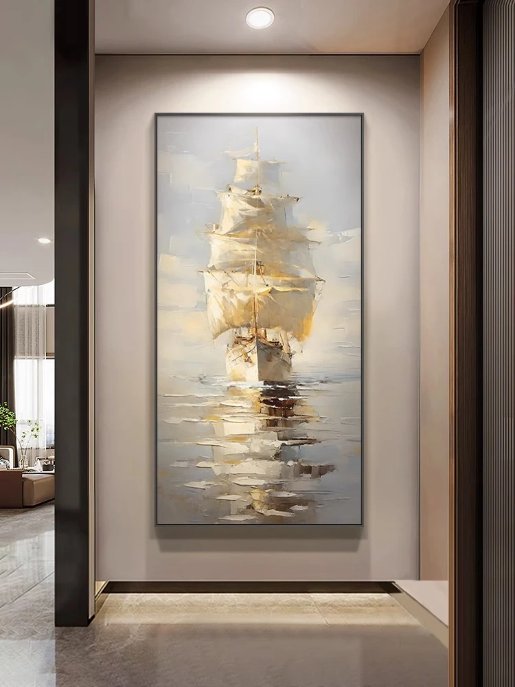 【一帆风顺】纯手绘油画玄关挂画装饰画竖版抽象海景走廊过道壁画