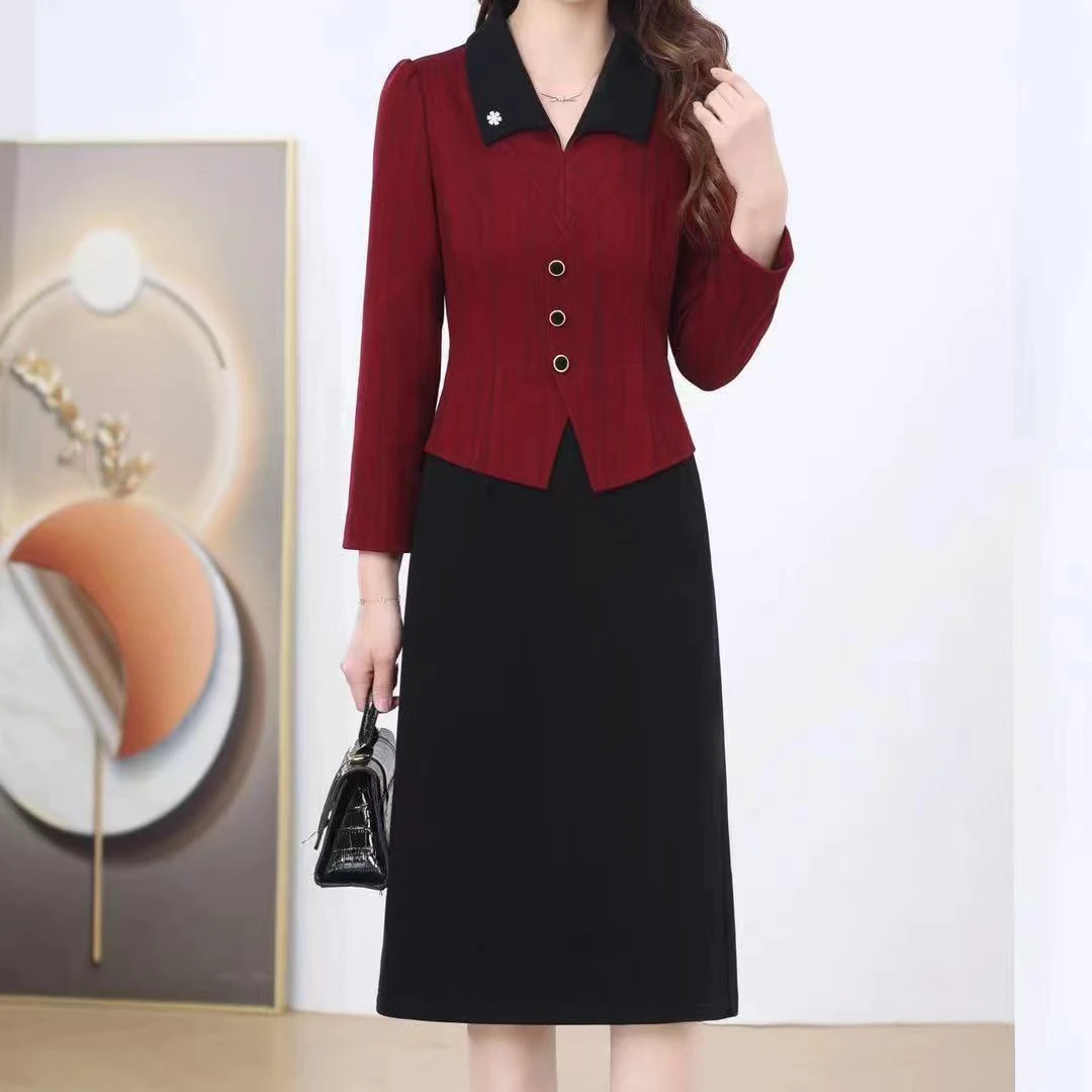 065秋冬时尚修身减龄女装假两件中长款拼接连衣裙