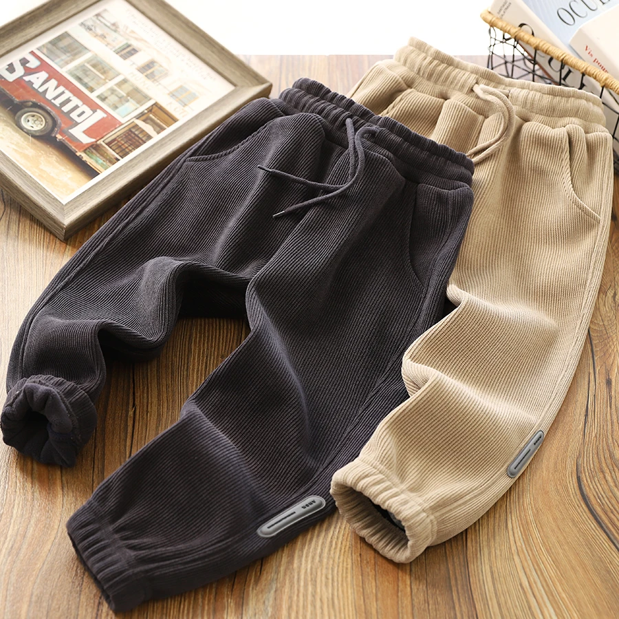 男童加绒运动裤秋冬装2023冬季新款儿童条绒保暖裤子男孩休闲卫裤