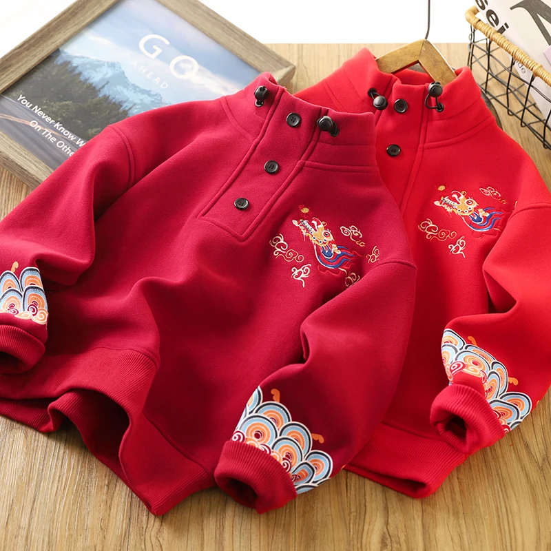 男童加绒卫衣2024新款拜年服冬装儿童加厚防风红色新年服冬装上衣