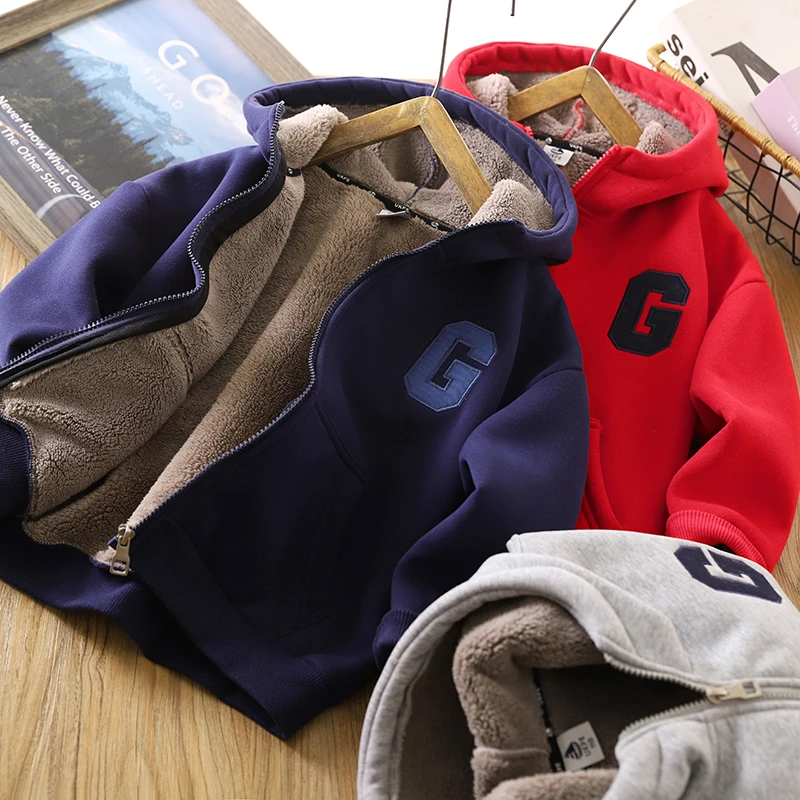男童加绒外套冬装加厚保暖运动服2023冬季新款儿童连帽一体绒衣服
