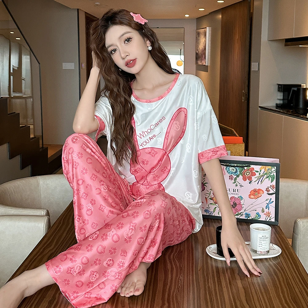 带胸垫夏季提花睡衣女短袖薄款三件套宽松卡通休闲家夏天居服套装